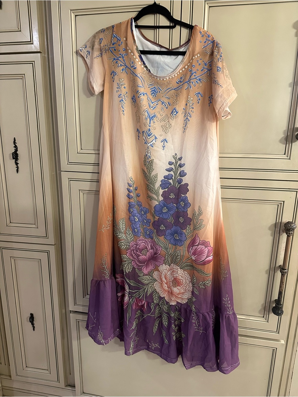 Peach to Purple Floral Ombre Short Sleeve Maxi Dress